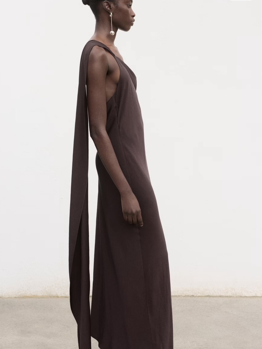 Mango One-Shoulder Dark Brown Draped Dress - Picture 4 of 7